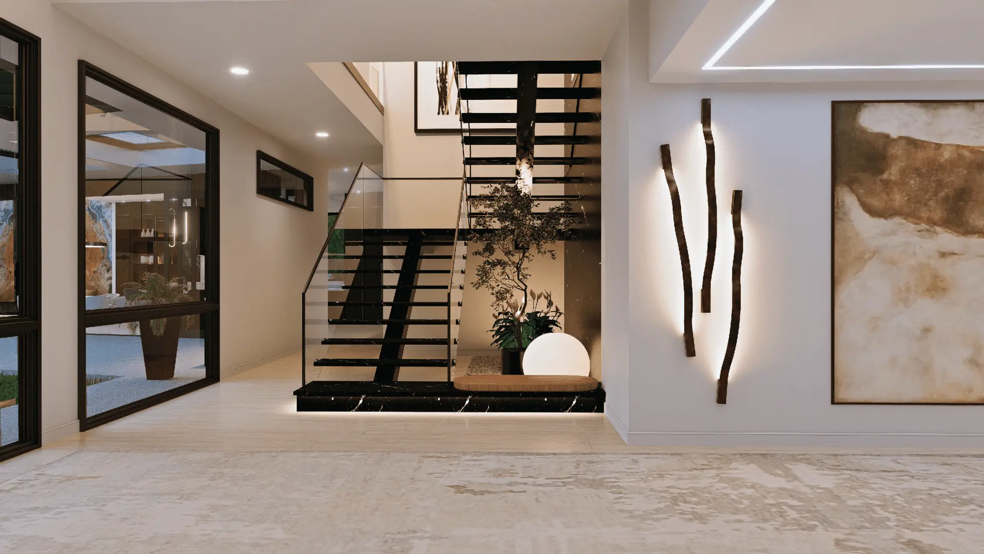 Stylish modern entryway featuring a striking staircase, natural light, and elegant design elements.