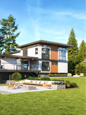 Contemporary home nestled in nature, blending modern design with tranquil outdoor living spaces.