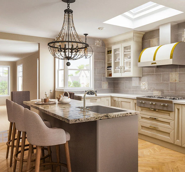 Modern kitchen featuring a chic island, skylight, and stylish appliances for elegant living.