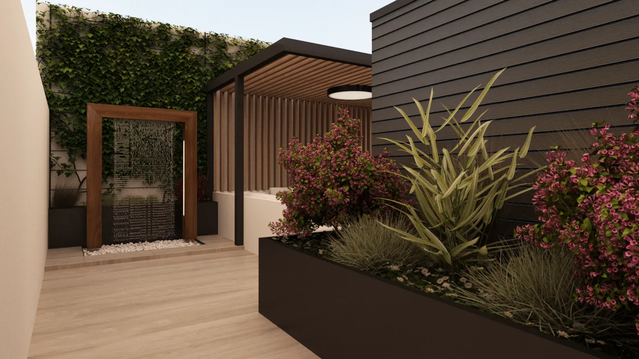 Modern garden retreat featuring elegant design, tranquil water features, and vibrant greenery.