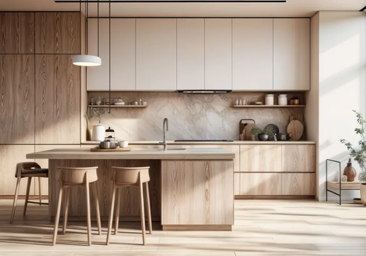 Modern minimalist kitchen featuring warm wood finishes, elegant marble, and inviting social spaces.