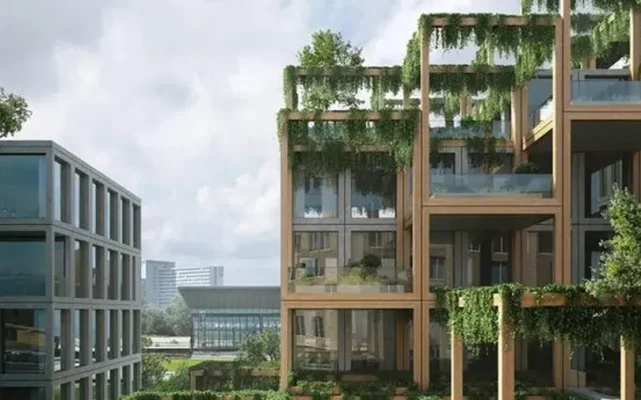 Sustainable modern architecture featuring green living spaces and natural integration in urban settings.