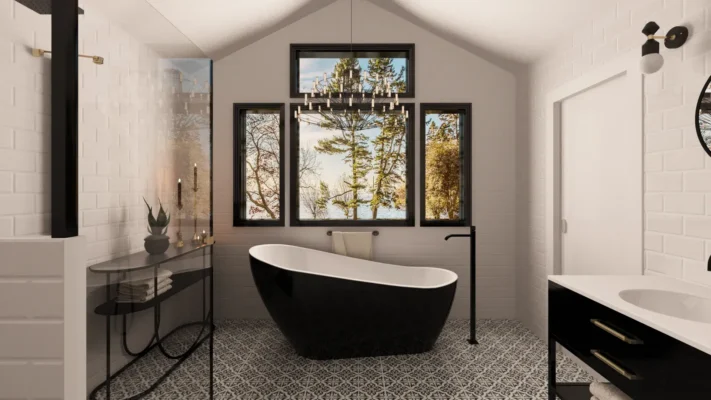 Stylish modern bathroom featuring a black freestanding tub and elegant geometric tile design.