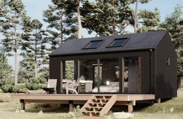 Sleek minimalist cabin in a peaceful natural setting with welcoming outdoor living space.