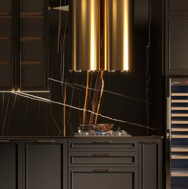 Luxurious modern kitchen with black cabinetry, gold accents, and sophisticated design elements.