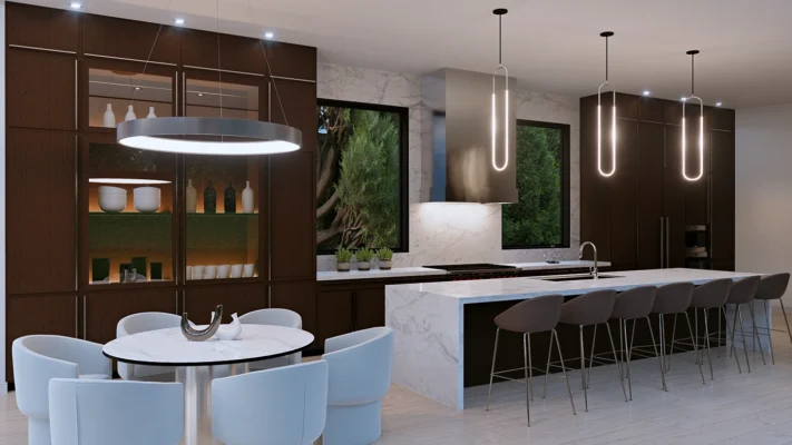 Stylish modern kitchen with dark wood cabinetry, marble island, and elegant dining area.