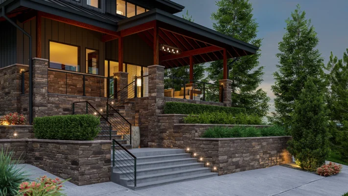 Elegant modern home exterior with stylish landscaping and inviting porch entryway.