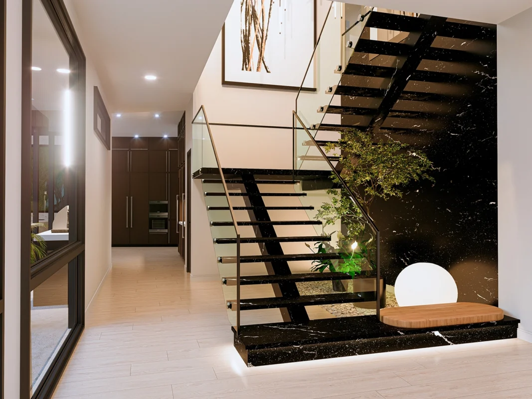 Elegant modern stairwell with floating black steps, glass railings, and stylish decor accents.