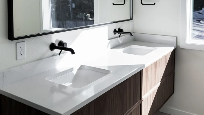 Sleek modern bathroom featuring a double vanity with white stone countertop and elegant black faucets.