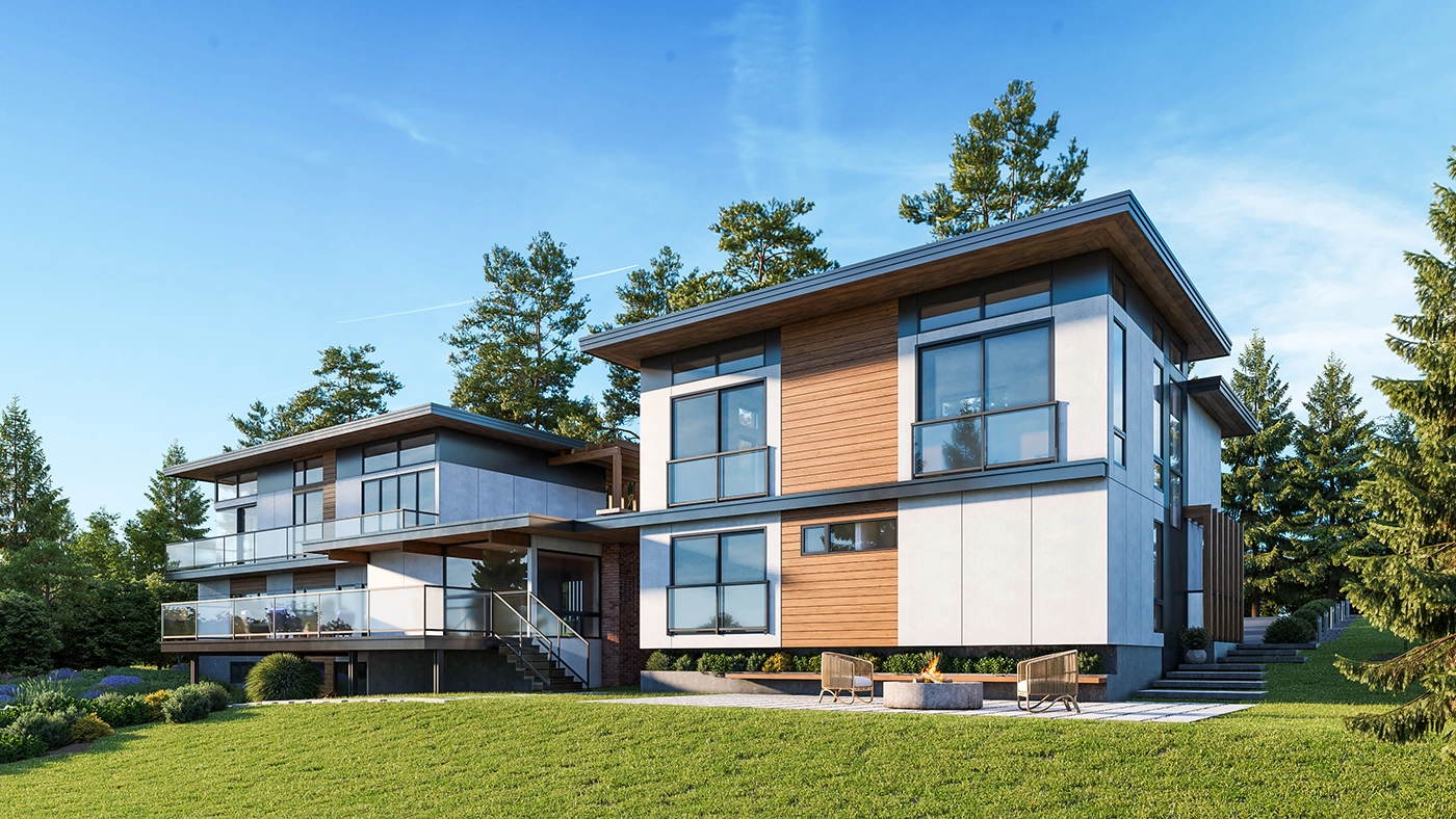 Modern house with large windows in lush green landscape, featuring minimalist design and serene patio.