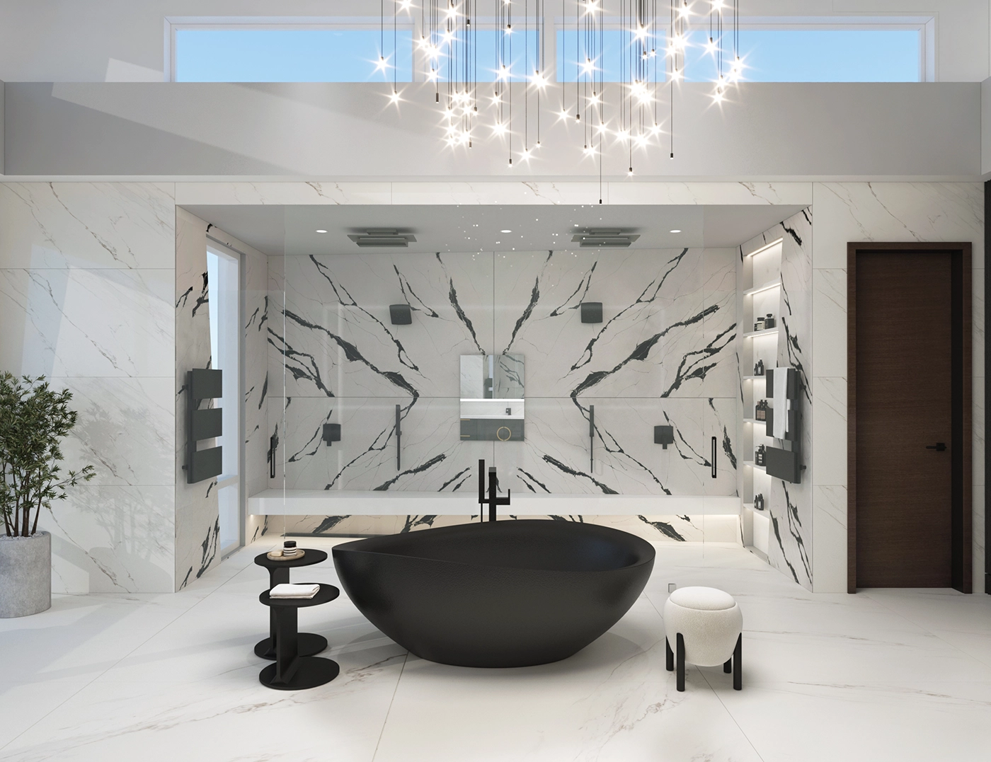 Elegant spa-inspired bathroom with a freestanding soaking tub, rain shower, and stylish double vanities for a serene ambiance.