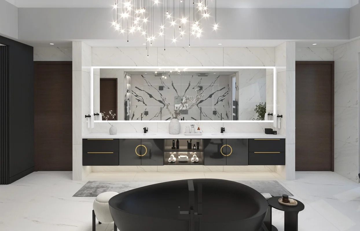 A modern bathroom featuring a built-in Jacuzzi soaking tub surrounded by elegant marble and ambient lighting.