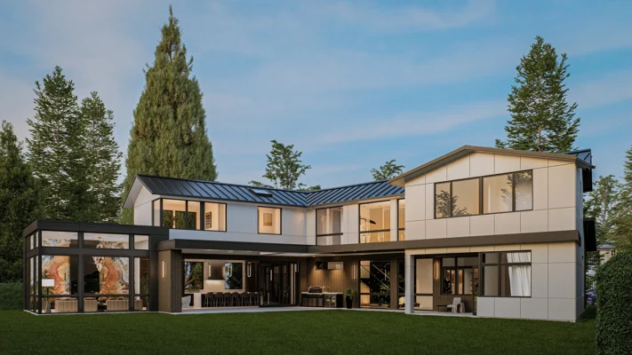Exterior of a new custom Bellevue home reflecting high-end home remodeling Bellevue with energy-efficient and contemporary design.