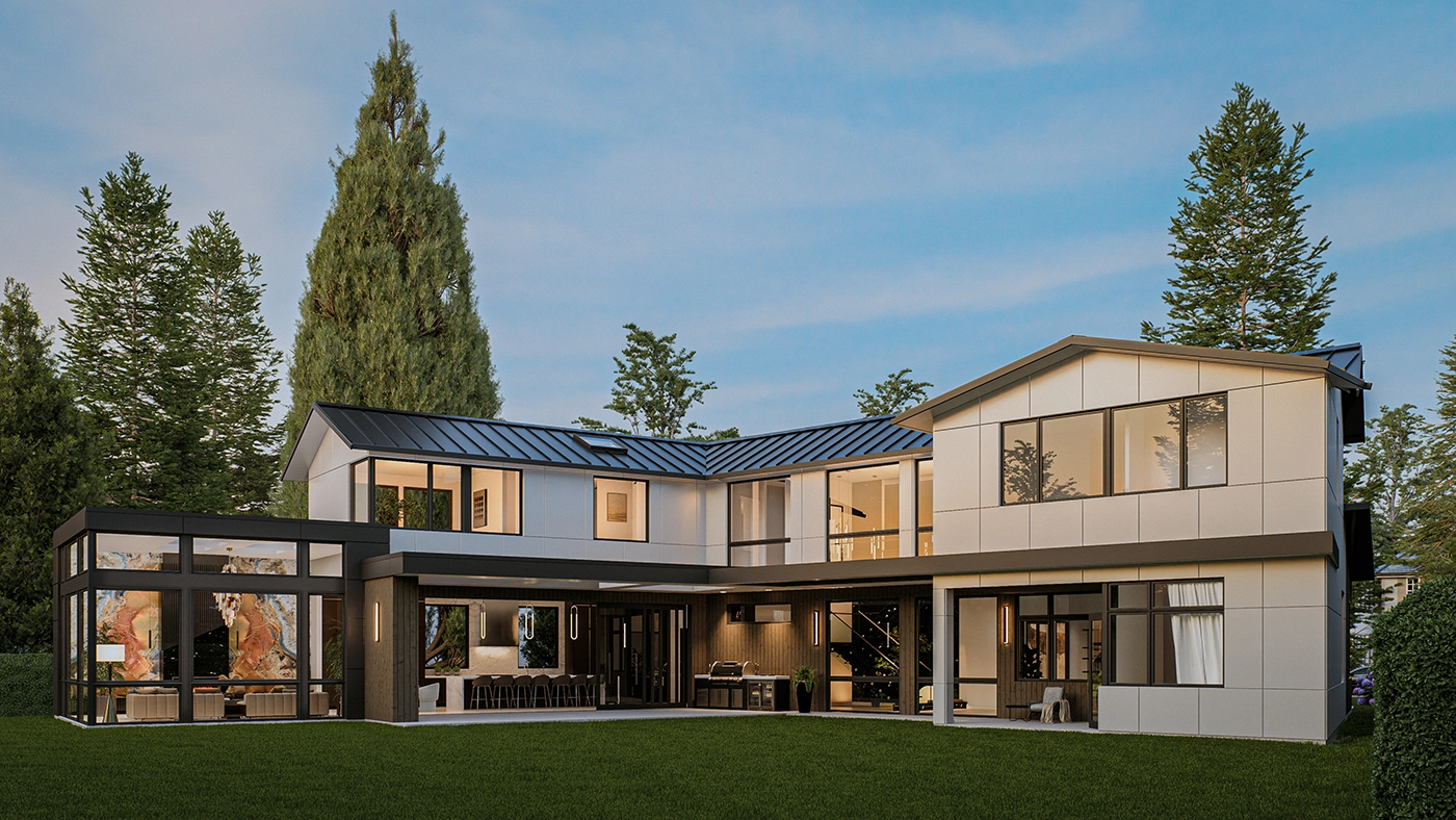 Exterior of a new custom Bellevue home reflecting high-end home remodeling Bellevue with energy-efficient and contemporary design.