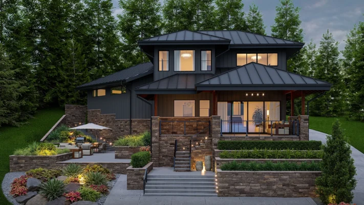 Modern home with elegant design, natural landscaping, and inviting outdoor spaces.