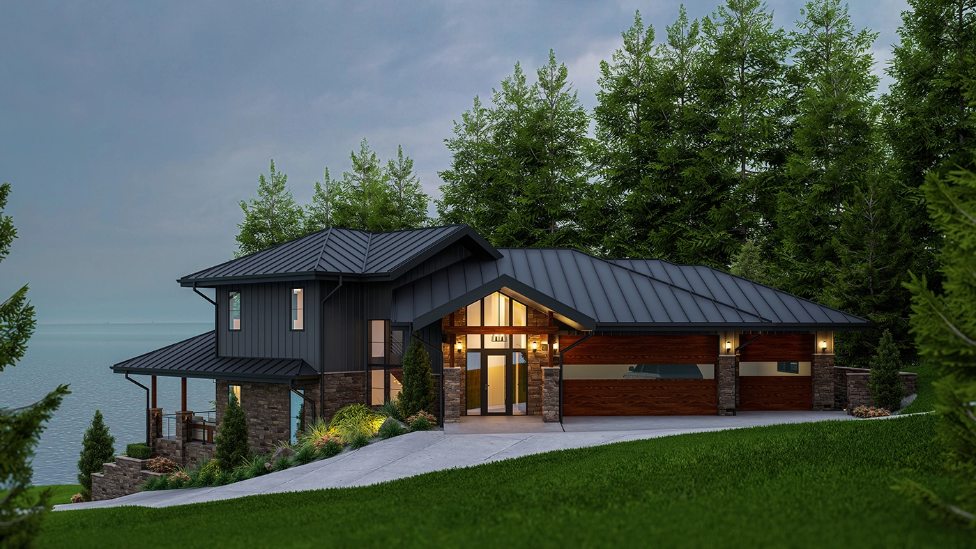 Contemporary house retreat amid greenery, featuring modern architecture, large windows, and serene nature.