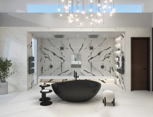 Luxurious master bathroom remodel by ARIID Build & Remodel featuring marble countertops, dual vanities, and spa-like shower with black fixtures