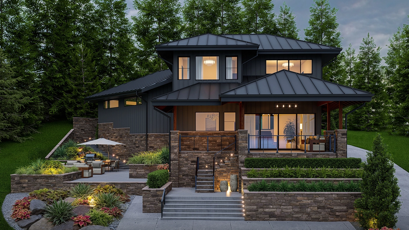 Modern two-story home exterior showcasing Medina design build construction services with black metal roof, stone accents, large windows, patio area with landscaping - ARIID Build & Remodel design build firm project