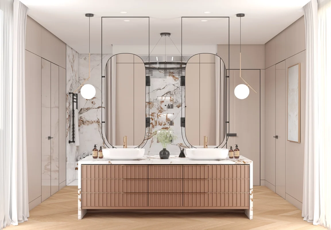 Spa-like luxury bathroom with dual sinks, marble tile, and designer mirrors by ARIID Build & Remodel, Yarrow Point bathroom remodeling specialists