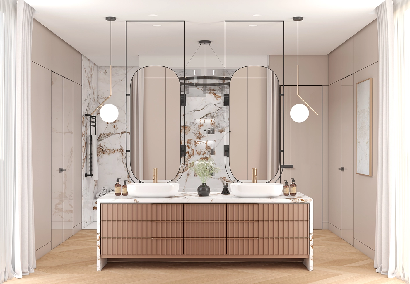 Spa-like luxury bathroom with dual sinks, marble tile, and designer mirrors by ARIID Build & Remodel, Yarrow Point bathroom remodeling specialists