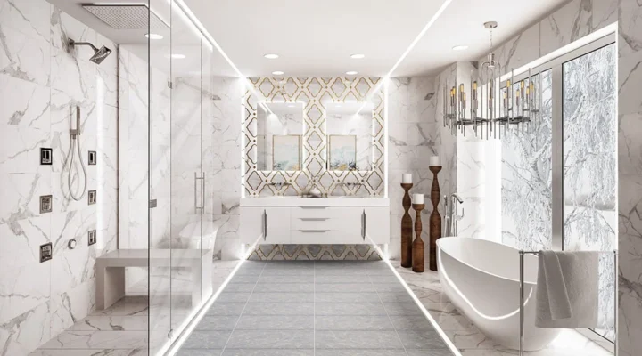 Elegant modern bathroom with marble tiles, double vanity, freestanding tub, and sleek fixtures.
