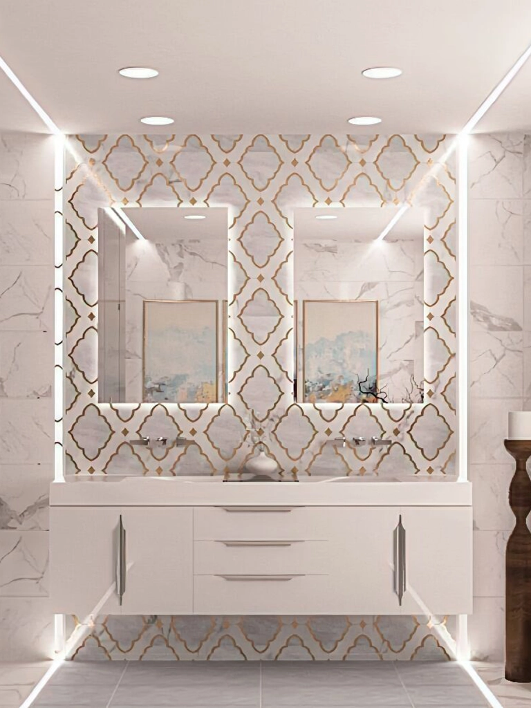 Sleek modern bathroom with marble tiles and gold accents for an elegant, functional design.